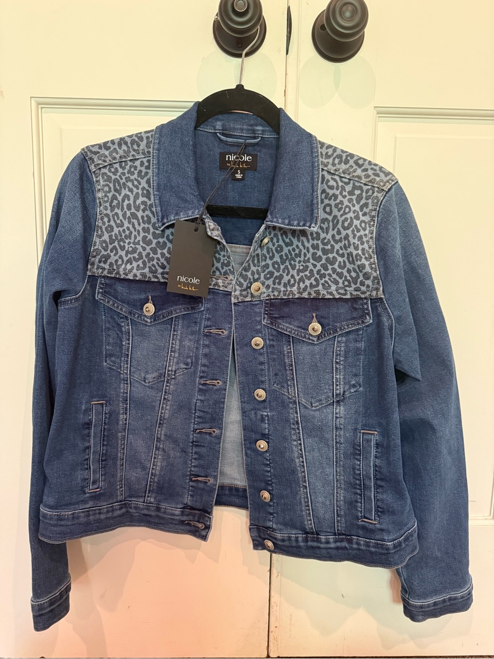 Nicole Miller Blue Denim Jacket with Leopard-Print Yoke